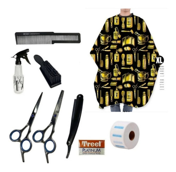 Combo Peluqueria Barberia Tijeras + Navaja + Capa Corte, Etc 0