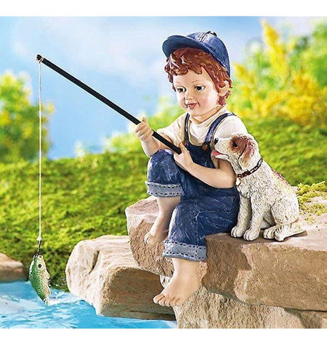 Acentos Depot Little Boy Y Su Perro Fishing Outdoor Garden O 1