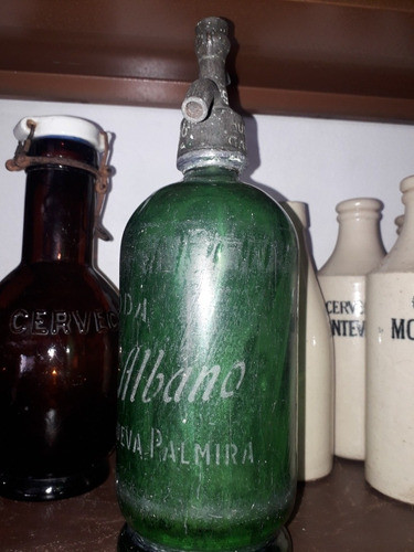 Antiguo Sifon De Vidrio Verde Con Pico De Estaño N. Palmira 0
