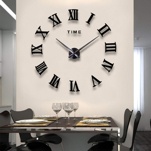 Reloj De Pared Numeros Romanos 3d Adhesivos Negro 120cm 0