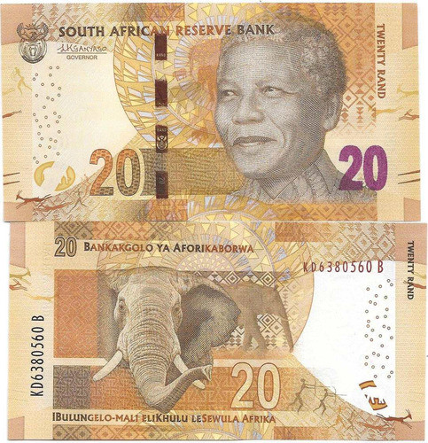 Billete Sudafrica 20 Rands Año 2015 Mandela Elefante Sin Uso 0