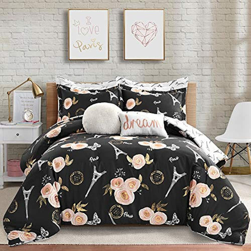 Lush Decor Black Vintage Paris Rose Butterfly Juego De Edred 0