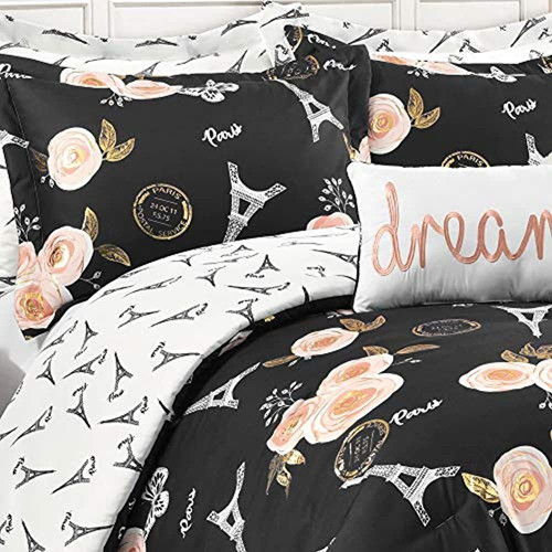 Lush Decor Black Vintage Paris Rose Butterfly Juego De Edred 1