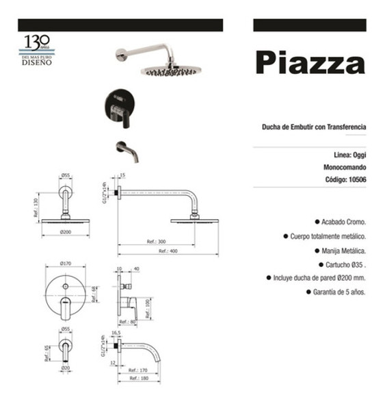 Grifería Ducha Embutida Con Transferencia Piazza Oggi 10506 1 Grifería Ducha Embutida Con Transferencia Piazza Oggi 10506 1