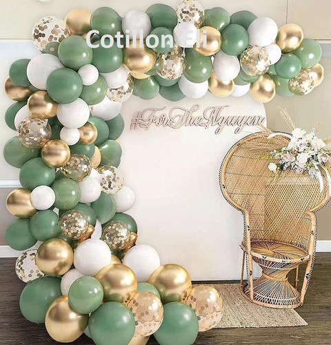 Arco Globos Verde Retro Vintage Blanco Dorado Confeti Safari 1