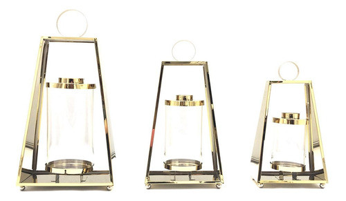 Juego De 3 Faroles Dorados Porta Velas Decoración Fiestas 0