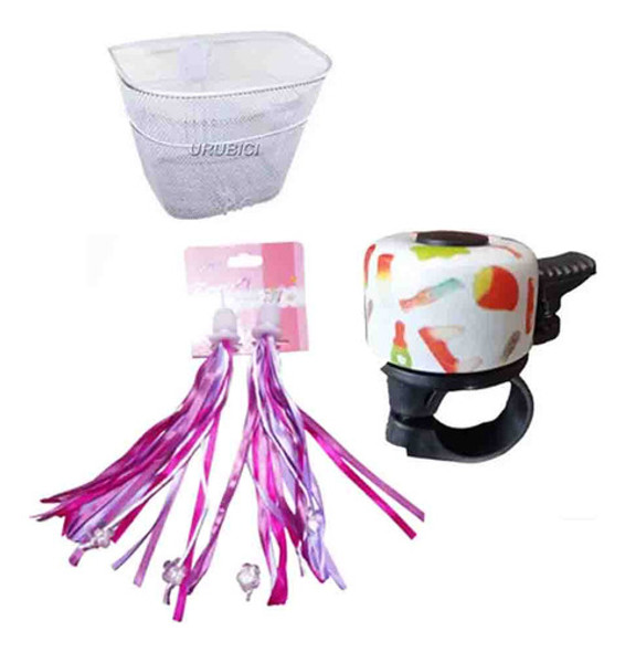 Canasto  Bici De Niño Blanco + Flecos Rosa + Timbre Gomitas. 0
