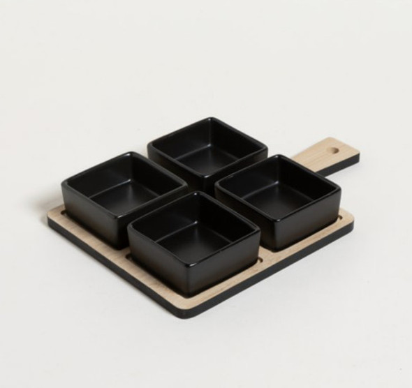 Copetinero Base Madera Bambú Con 4 Dips De Porcelana 0