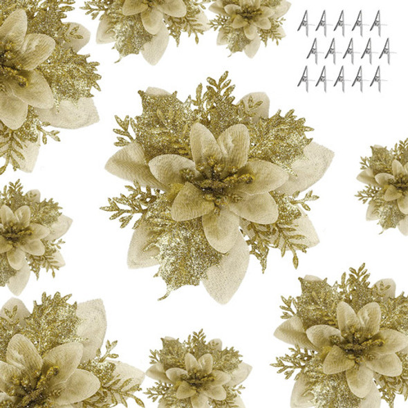 Set De 15 Flores Poinsettia Para Arbol Navidad Oro Brillante 0