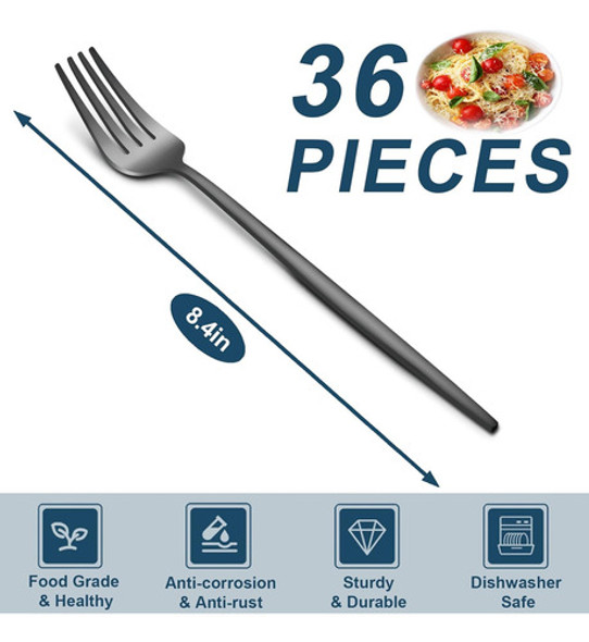 Tenedores Cena Acero Inoxidable 36pzas 21cm Negro Mate 1