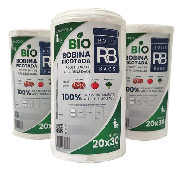 Kit 3 Bobina Plástico Picotado 20x30 Para 1kg Fundo Reto 0