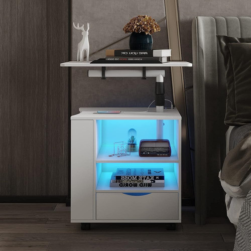 Dnbss Mesita De Noche Con Estación De Carga Y Luces Led, Mes 1