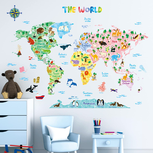 Mapa Para Pegar Pared Niños Mundo Animales Mapamundi Deco 1