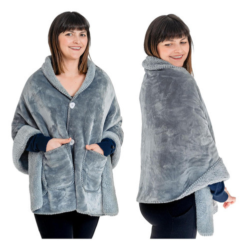 Manta Poncho Doble Capa Sherpa Gris Plata Con Bolsillos 0