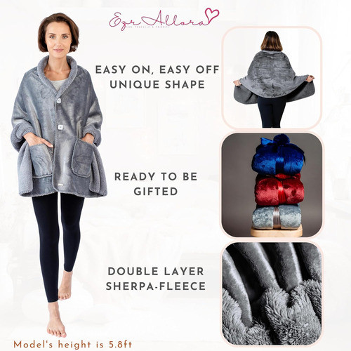 Manta Poncho Doble Capa Sherpa Gris Plata Con Bolsillos 1