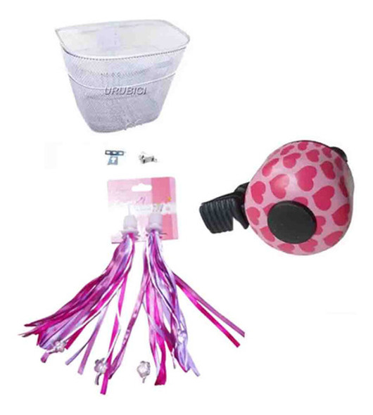 Canasto Bici De Niño Blanco + Flecos Rosa + Timbre Corazones 0