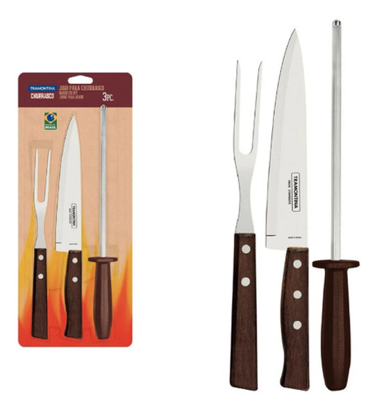 Juego Trinchante Asado 3pzs Acero Inox Madera Tramontina 0