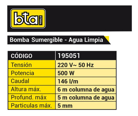 Bomba Sumergible Bta A/limp - 146 Litros/m 500w 195051 1