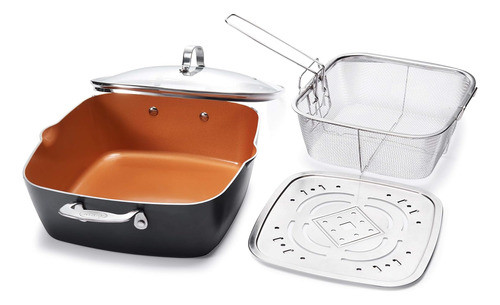 Gotham Steel Xl 11 - Cacerola Cuadrada + Freidora + Tapa 0