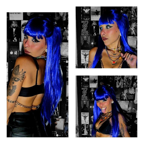 Peluca Azul Lacia  Cabello Símil Natural Flequillo  Cosplay 0