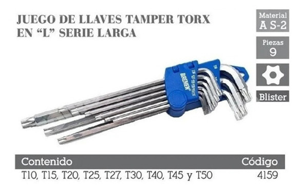Juego De Llaves Tamper Torx En L Serie Larga Bremen 4159 1
