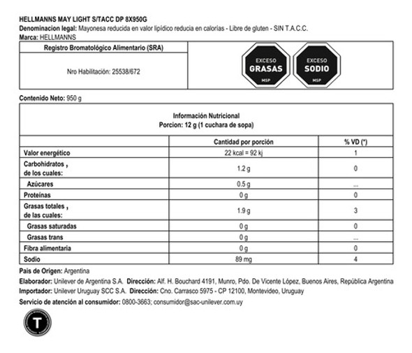 Mayonesa Light Hellmann's 950 Kg. 1