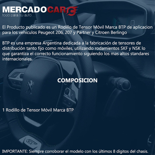 Rodillo Tensor Móvil Btp Peugeot 207 1.6 16v 2008 2009 2010 1