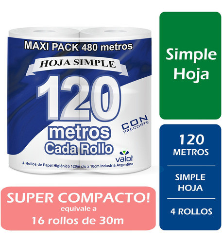 Papel Higienico Valot Extra Blanco Hoja Simple 4 X 120m 19g 0