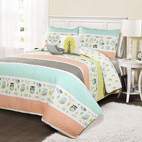 Lush Decor, Coral & Turquoise Owl Stripe Juego De Edredón De 0