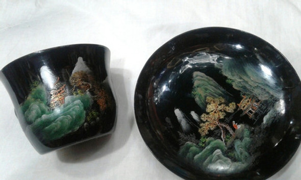 Taza Y Plato De Cafe Madera Laca Japan 0