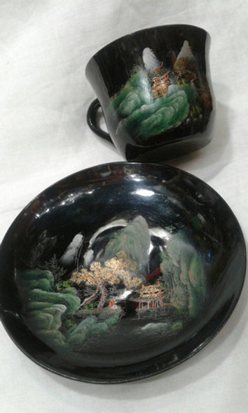 Taza Y Plato De Cafe Madera Laca Japan 1