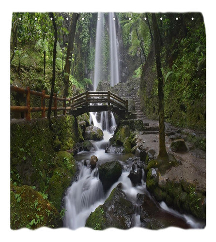 Cascada Cortina De Ducha Bosque Rústico Viejo Puente De Made 0