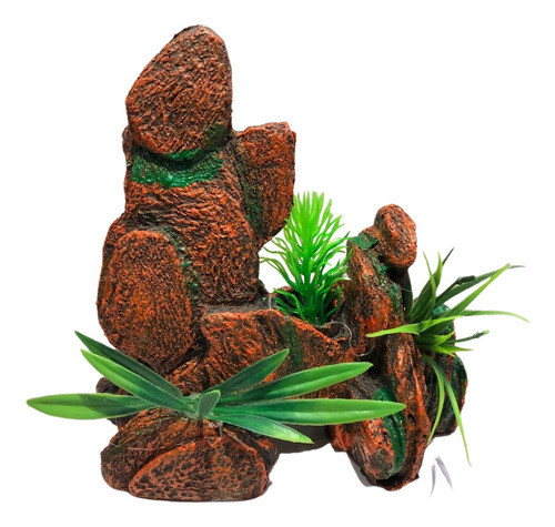 Decoracion Pecera Roca Piedra Con Flores Y Pasto 0