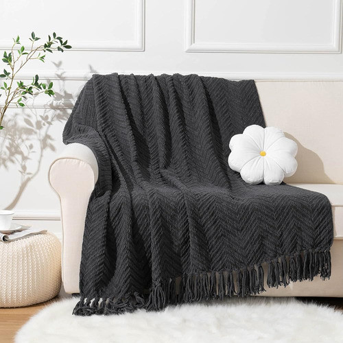 Battilo Home Manta Gris Oscuro Para Sofá, Manta De Punto De 1