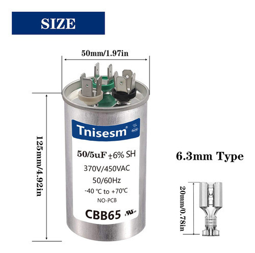 Tnisesm 50+5 Uf 50/5 Mfd ±6% 370v/440v Ca Cbb65b Condensador 1