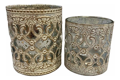 Set X2 Fanal Porta Vela De Vidrio Y Metal Patinados 0