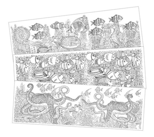 3 Laminas Gigantes 32x90 Cm Para Colorear - Fondo Del Mar 0