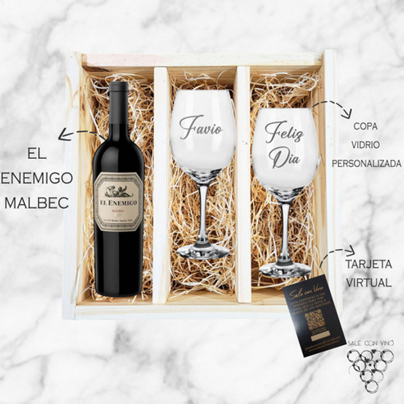 Caja Madera Vino El Enemigo Malbec + 2 Copas Vidrio Grabado 1 Caja Madera Vino El Enemigo Malbec + 2 Copas Vidrio Grabado 1