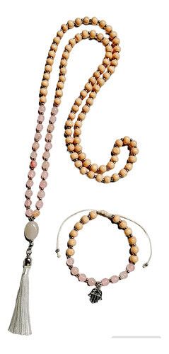 Combo Japamala 108 Cuentas Madera Y Cuarzo Rosa + Pulsera 0