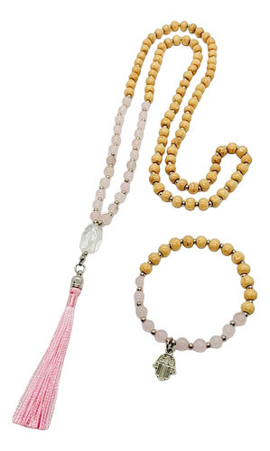 Combo Japamala 108 Cuentas Madera Y Cuarzo Rosa + Pulsera 0