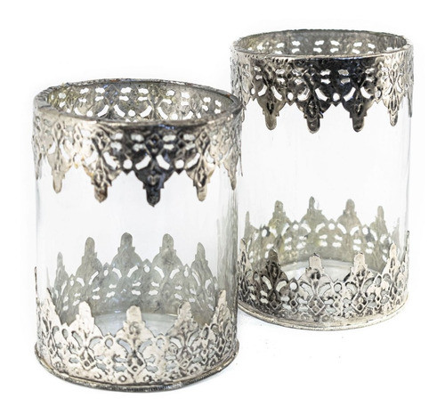 Fanal Portavela De Vidrio Ornamentado En Metal | Set X 2 0