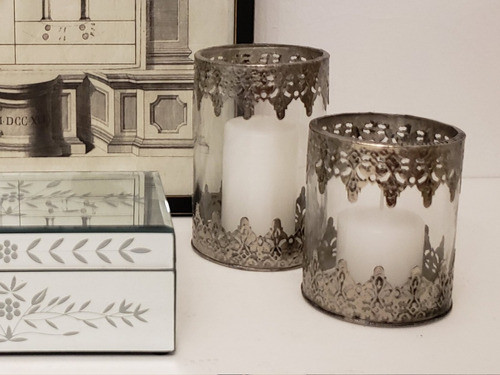 Fanal Portavela De Vidrio Ornamentado En Metal | Set X 2 1