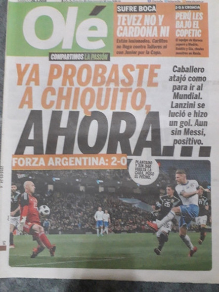Diario Ole 24 Marzo 2018 Argentina 2 Italia 0 W.caballero 0