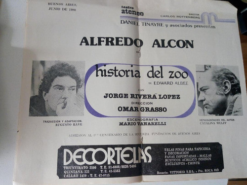 Teatro Ateneo Temporada 1980.  Hist Del Zoo.   Alfredo Alcón 1