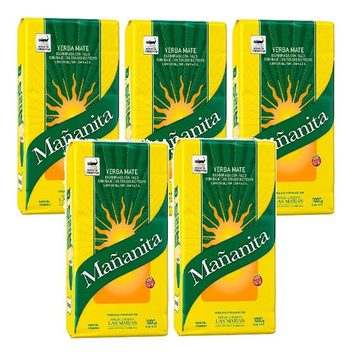 Yerba Mate Mañanita 1kg Con Palo Baja En Polvo Pack X5u 0