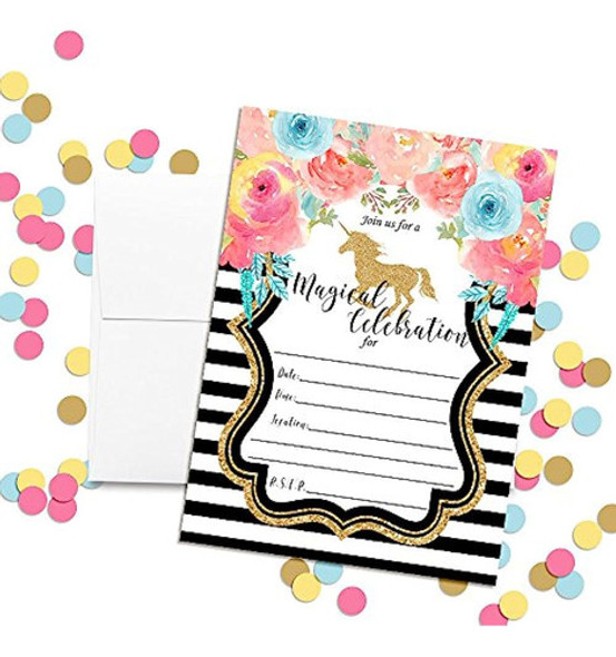 Unicornio Floral De Acuarela Con Invitaciones De Fiesta De C 1