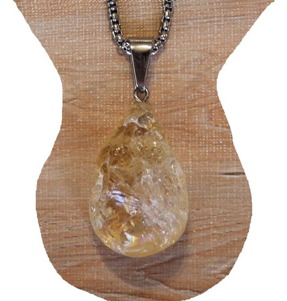 Citrino Amarillo Natural En Bruto Dije Con Engarce De Acero 0