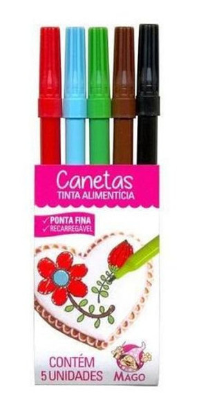 Kit 5 Canetas Alimentícias Mago - Escreva E Decore Doces 1