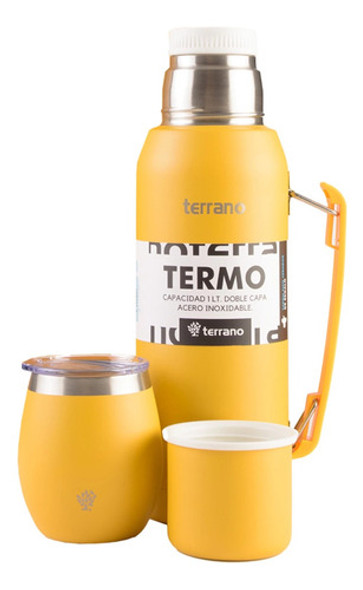 Kit Set Matero Terrano Mostaza Termo 1 Litro + Mate + Tapon 0