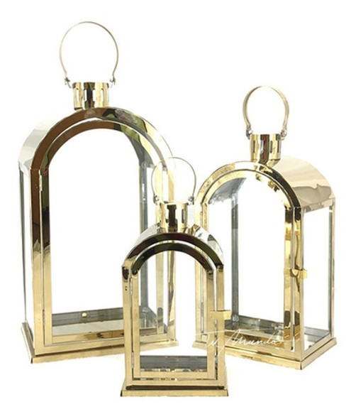 Faroles Metalizados Decorativos Dorados X 3 Und. Porta Velas 0